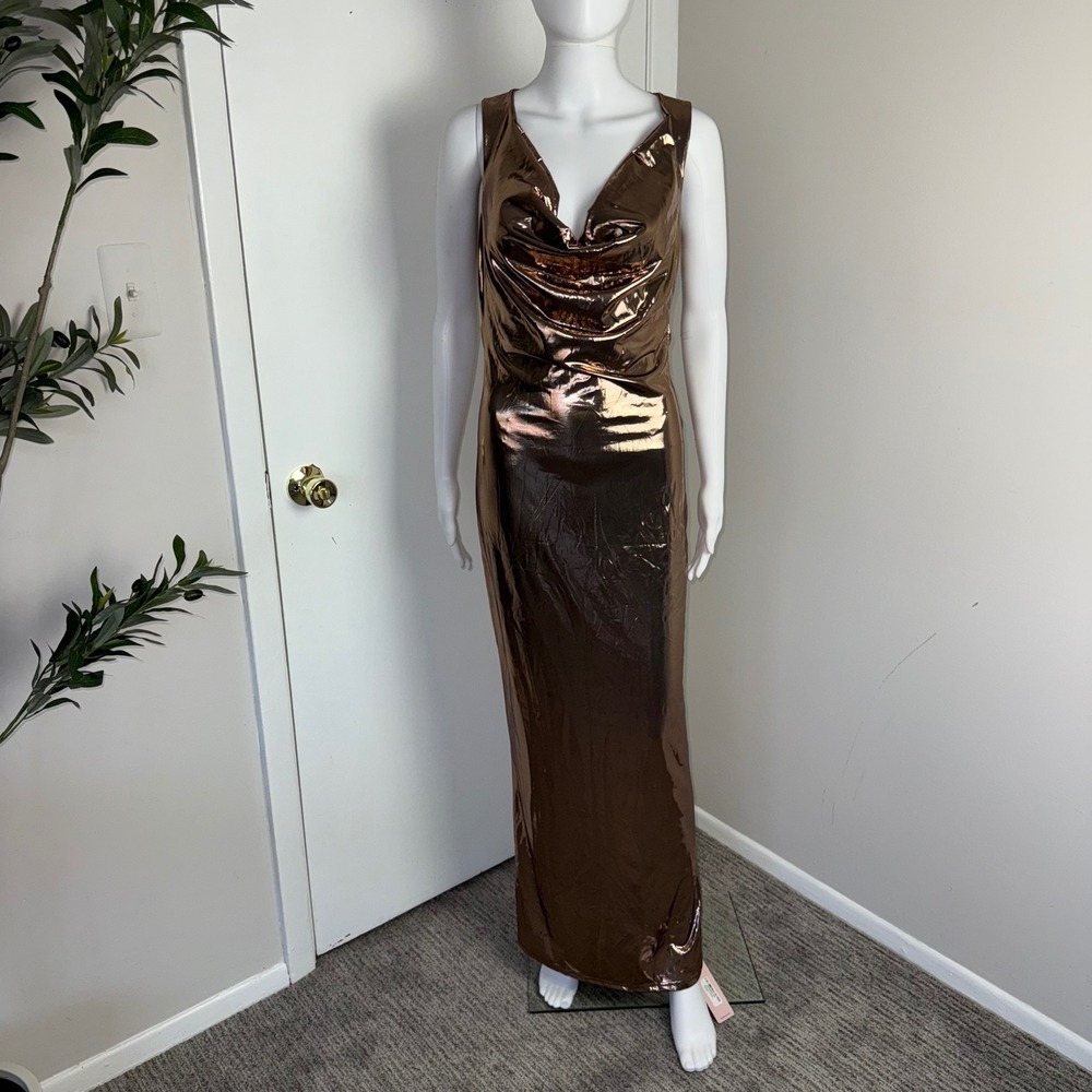 Micas Sleeveless Cowl Neck Maxi‎ Dress Bronze Metallic Evening Gown Size M